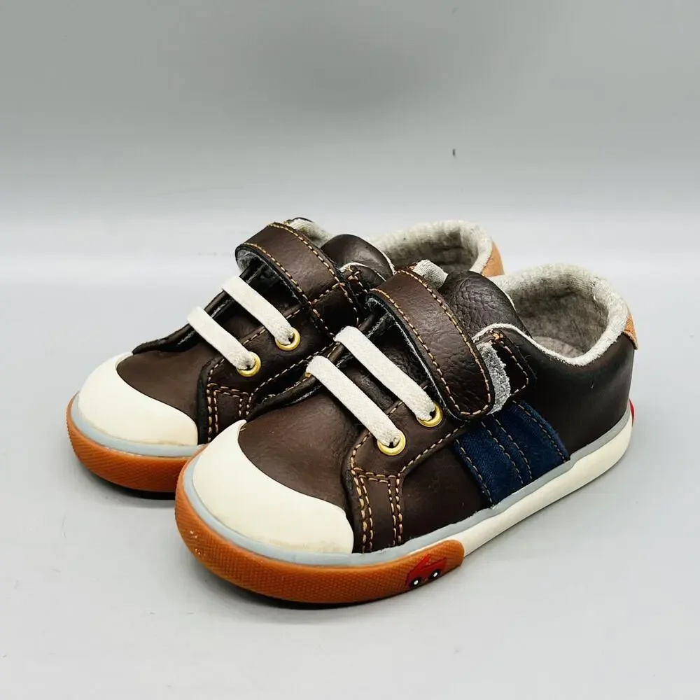 See Kai Run Shoes Boys 7 Brown Leather Car Design Hook Loop Strap Sneakers